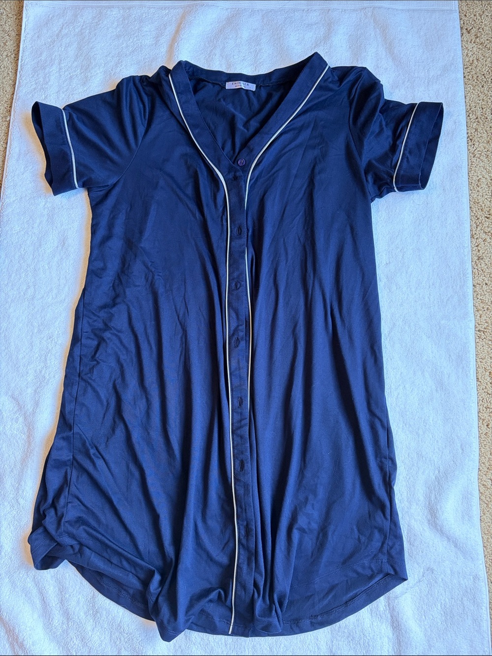 Navy Button-Front Sleep Shirt with Contrast Piping